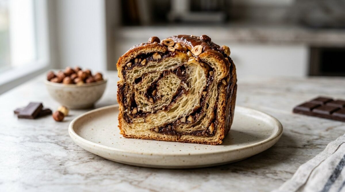 scopri il babka cioccolato e nocciola con miga filante, la merenda perfetta da condividere in famiglia, più golosa e invitante del classico marmorizzato