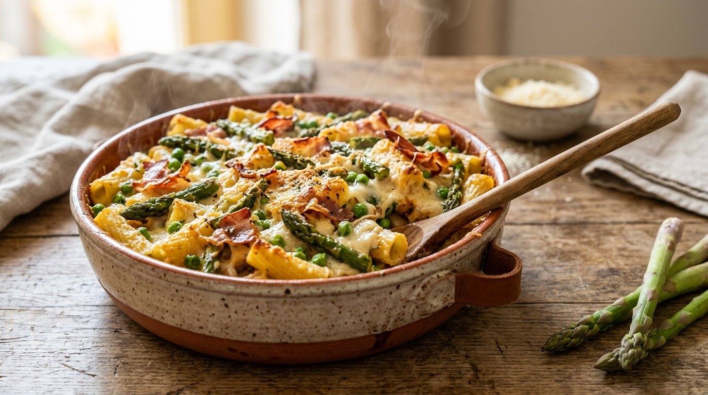 scopri come preparare una deliziosa pasta al forno con asparagi, speck e piselli: la ricetta perfetta per un primo piatto ricco, cremoso e irresistibile